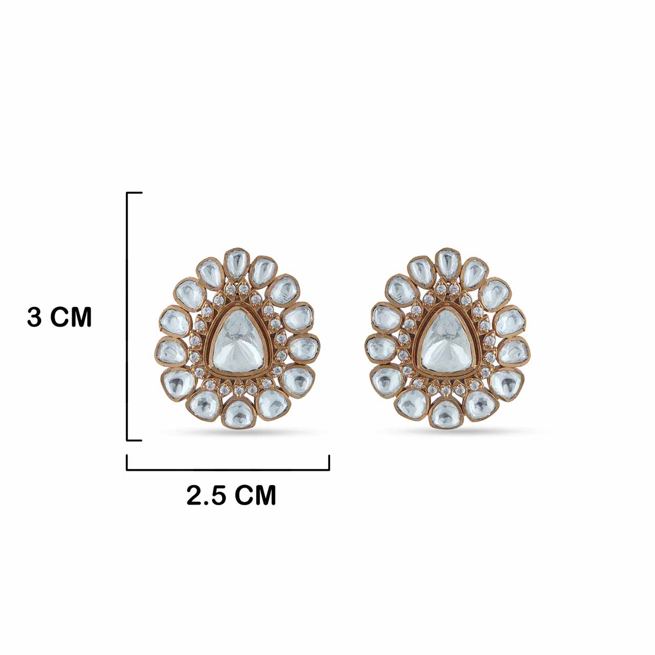 Silver and Gold Polki Stud Earrings with Measurements