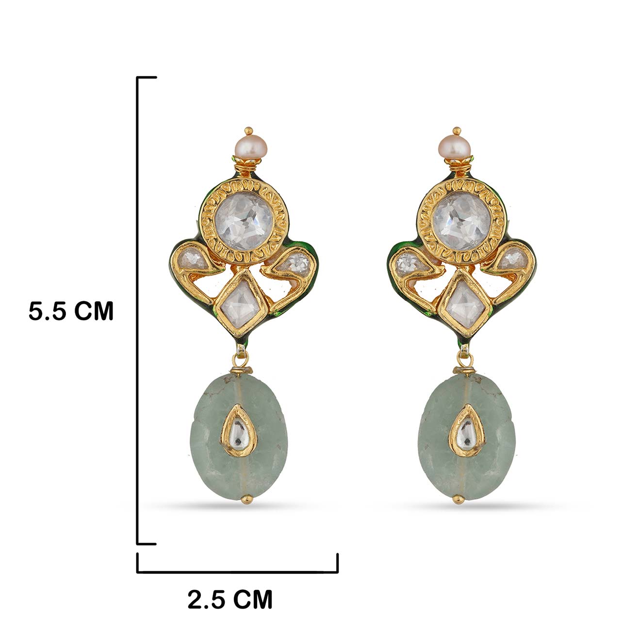 Green and Yellow Polki Earrings with Measurements in cm