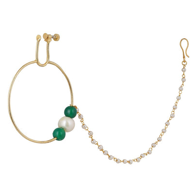 Green and White Kundan Pearled Nose Ring