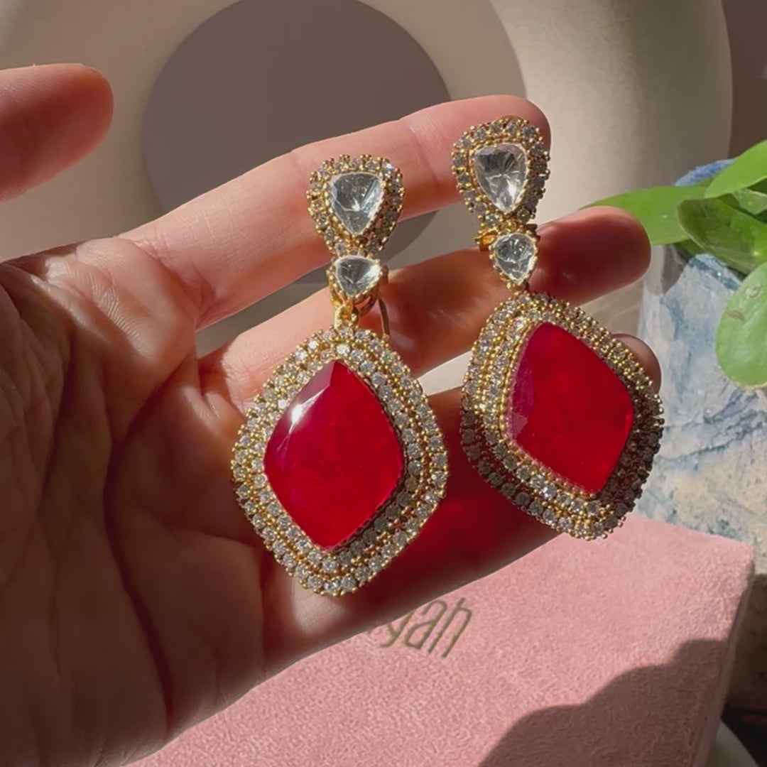 Hadeeqah - Red stone and polki earrings