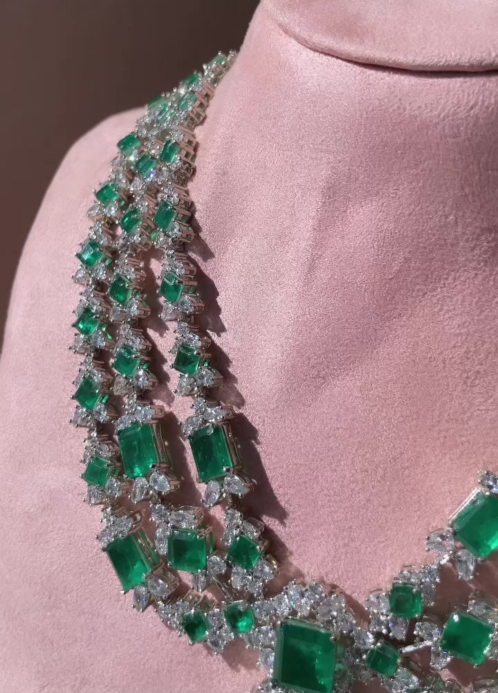Afrah - Three Layer Cubic Zirconia Green Stone Necklace Set