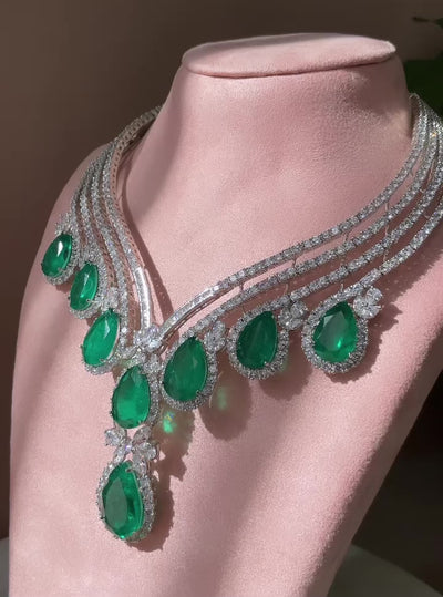 Afizah - Emerald Green Stone American Diamond Necklace Set