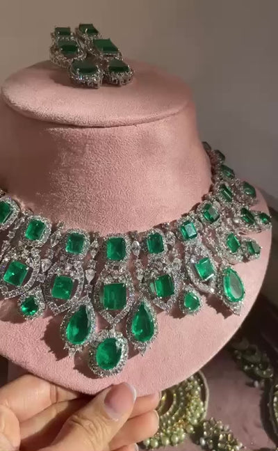 Afra - Cubic Zirconia Emerald Green Necklace Set