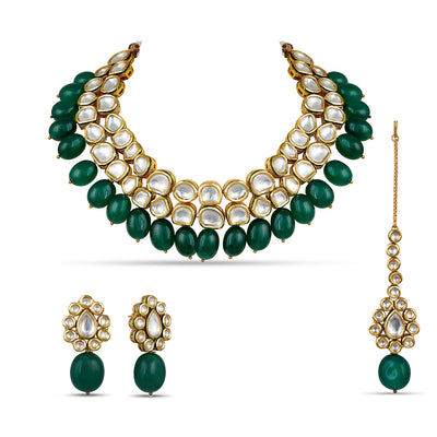 Green Bead Kundan Necklace Set