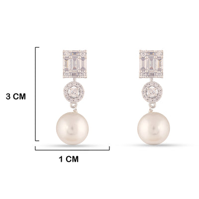 Cubic Zirconia Pearled Dangle Earrings with measurements in cm. 3cm by 1cm.