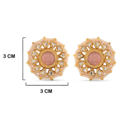 Rose Quartz Centred Kundan Earrings with measurements in cm. 3cm by 3cm.