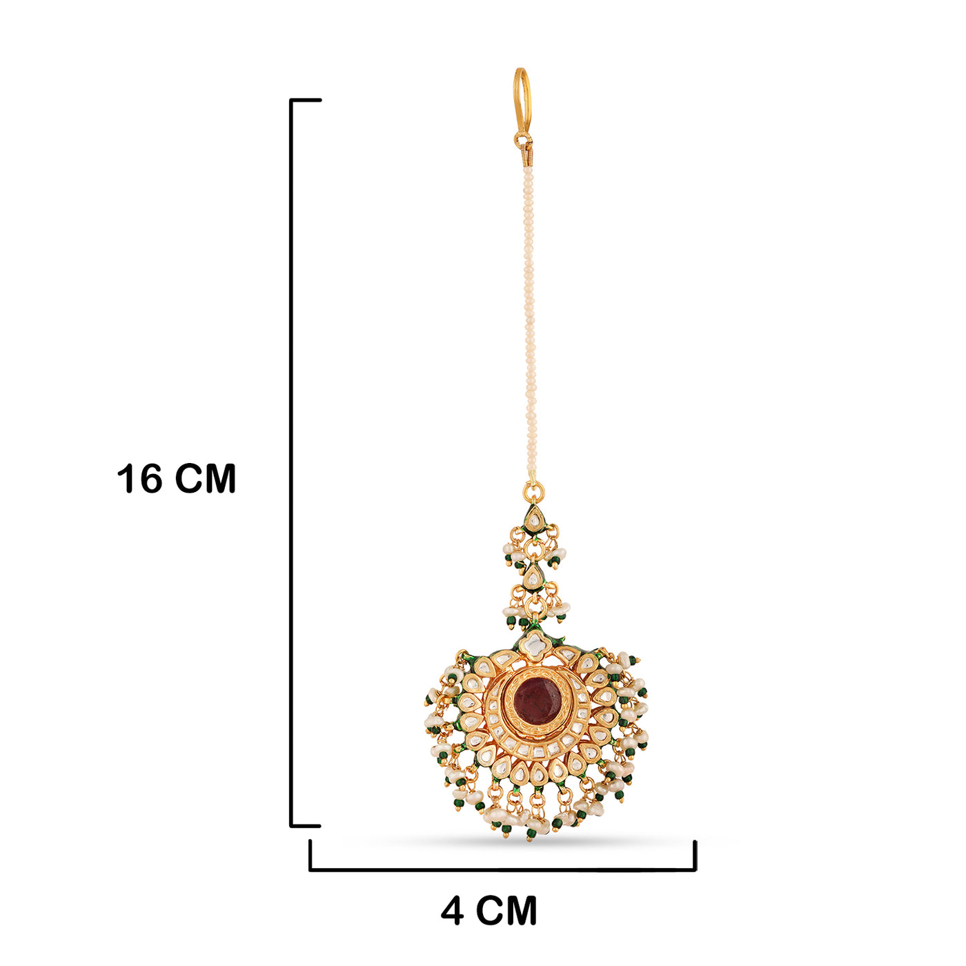Maroon Centred Kundan Maang Tikka with measurements in cm. 16cm by 4cm.