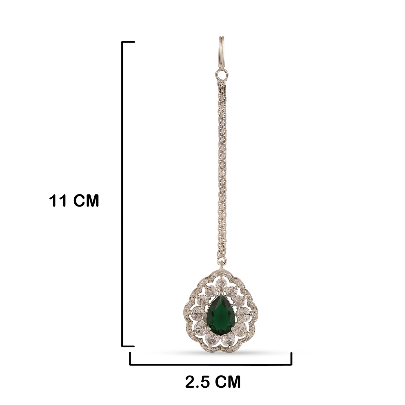 Emerald Drop American Diamond Maang Tikka with measurements in cm. 11cm by 2.5cm.