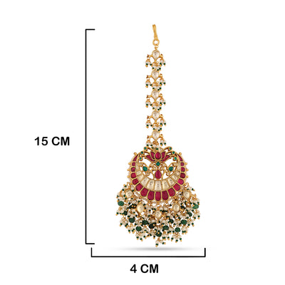 Red and Green Kundan Maang Tikka with measurements in cm. 15cm by 4cm.