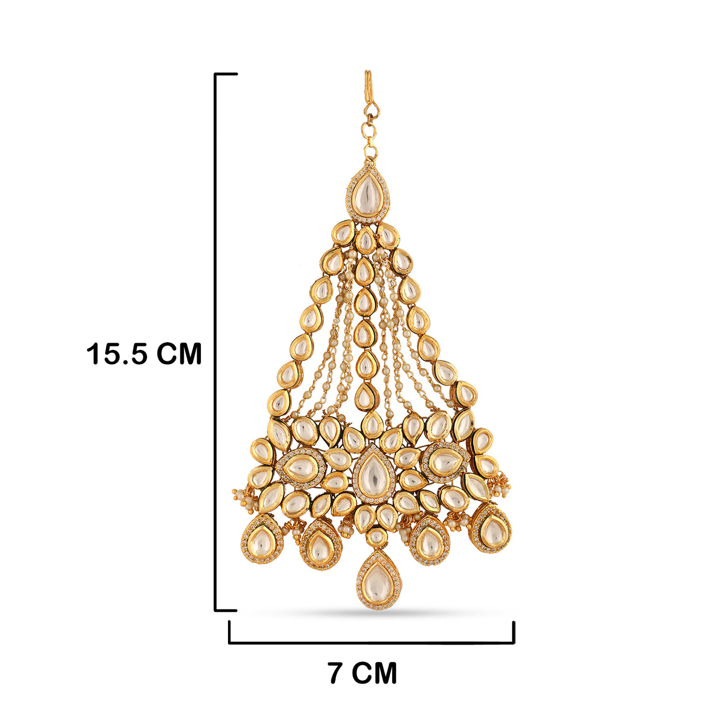 Pearl Chain Kundan Jhumar with measurements in cm. 15.5cm by 7cm.