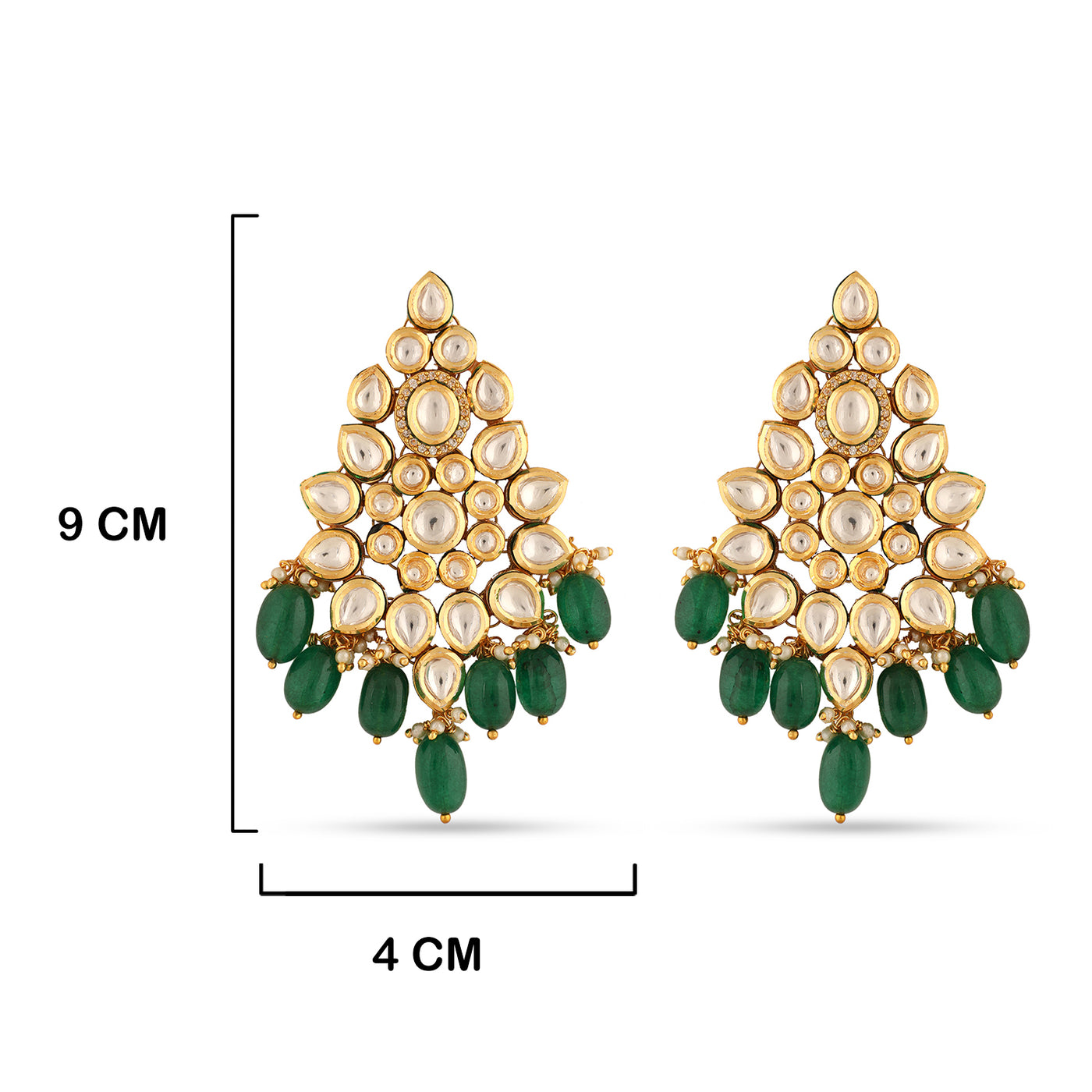 Green Bead Drop Kundan Earrings with measurements in cm. 9cm by 4cm.