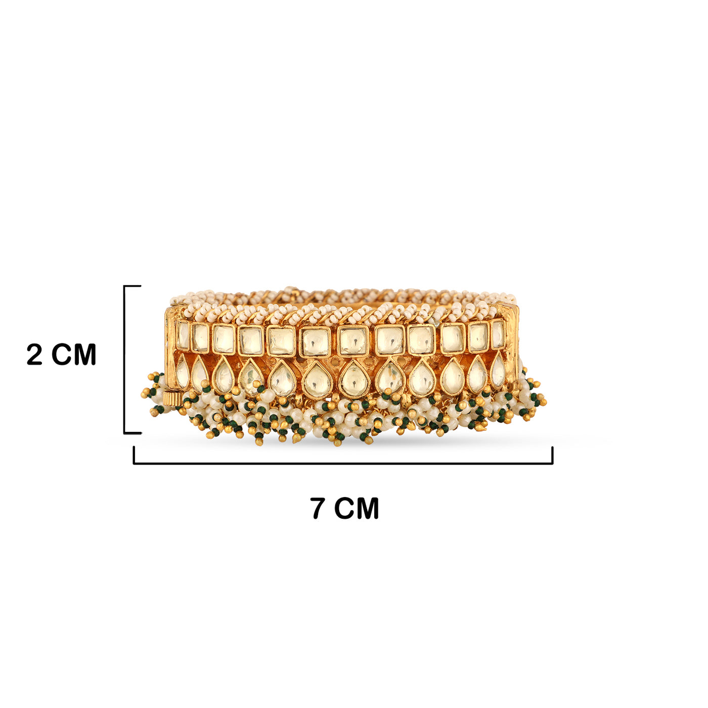 Ivory Bead Kundan Bangle with measurements in cm. 2cm by 7cm.