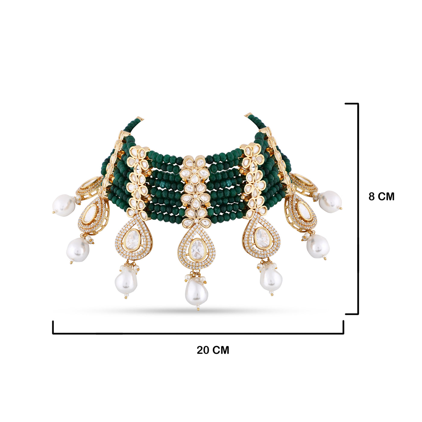 Green Bead and Polki Choker with measurements in cm. 20cm by 8cm.
