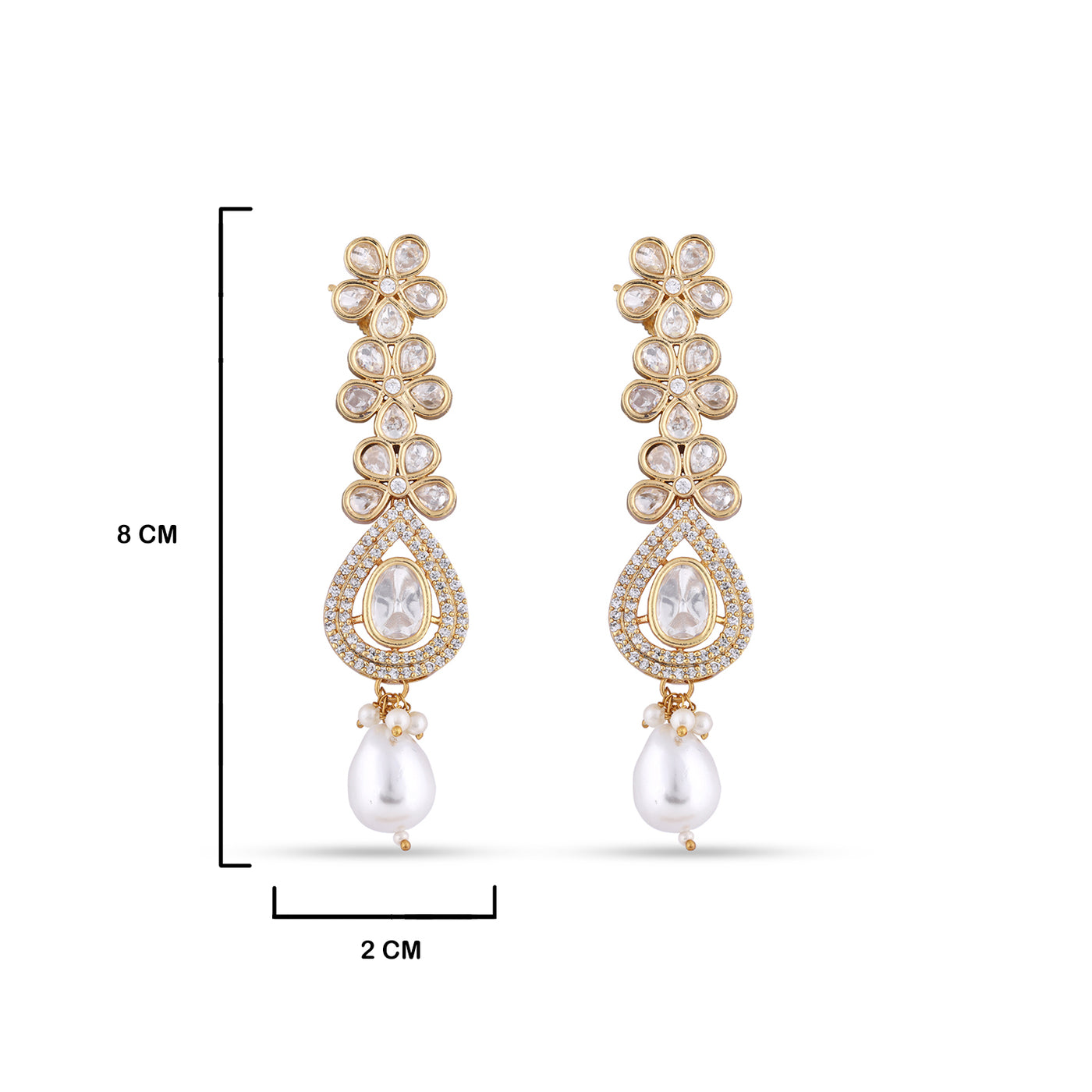  Polki and White Bead Earrings with measurements in cm. 8cm by 2cm.