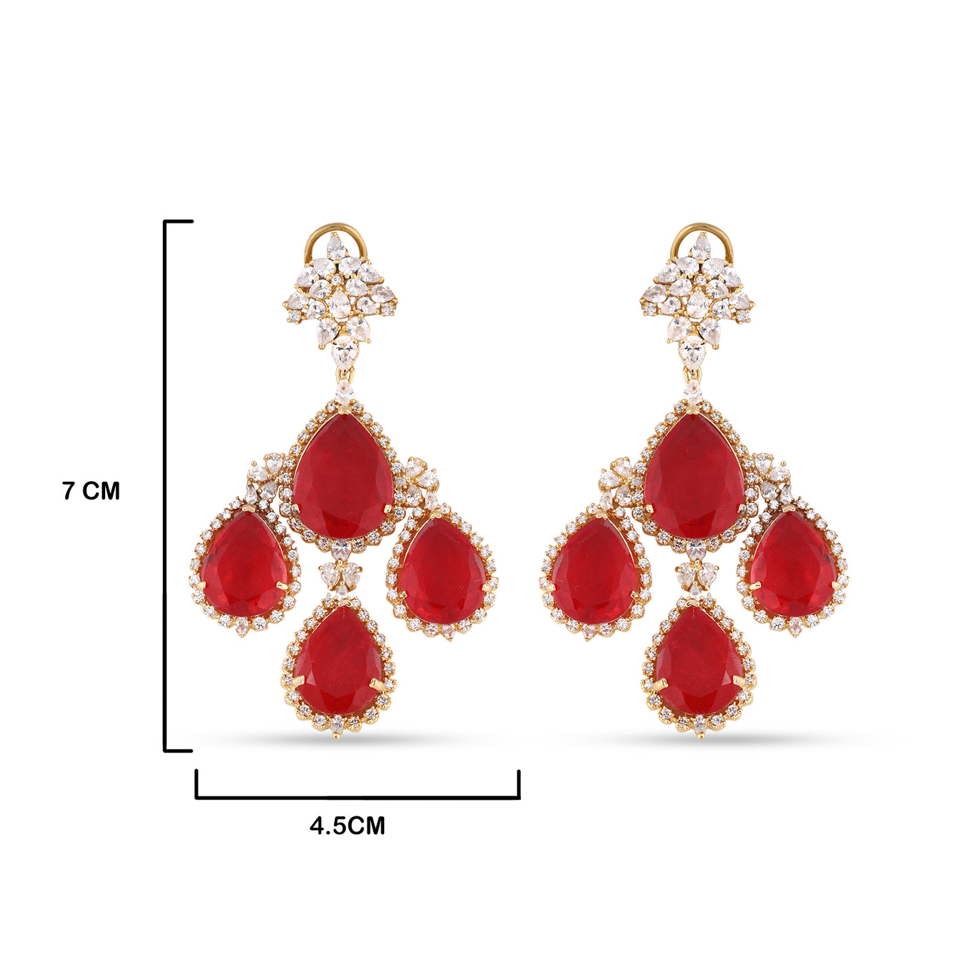 CZ and Red Stoned Kundan Earrings with measurements in cm. 7cm by 4.5cm.