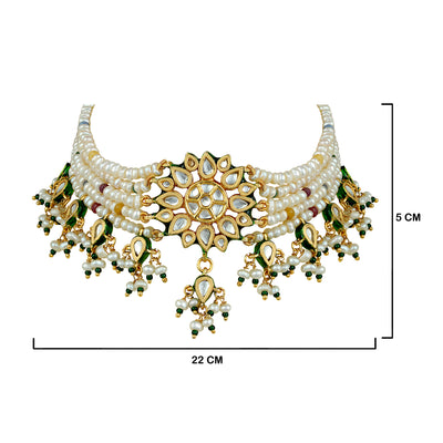 White Bead Kundan Flower Centred Choker with measurements in cm. 22cm by 5cm.
