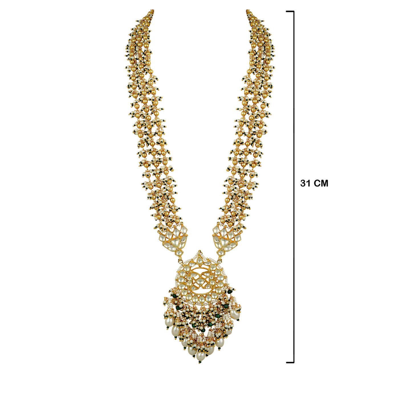 Beaded Kundan Long Necklace with measurements in cm. 31cm in length.