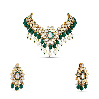 Green Bead Pearl Drop Kundan Choker Set. Set includes a Choker and a pair of matching earrings.