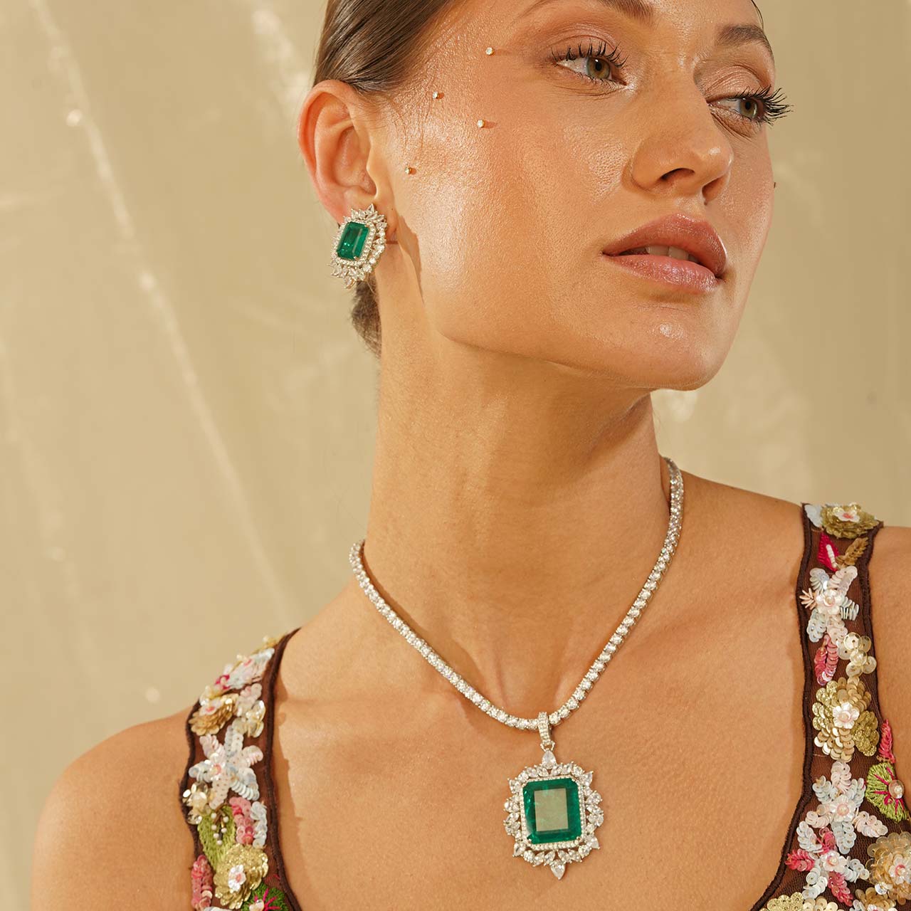 Kendra - Green Stone Centred CZ Necklace Set