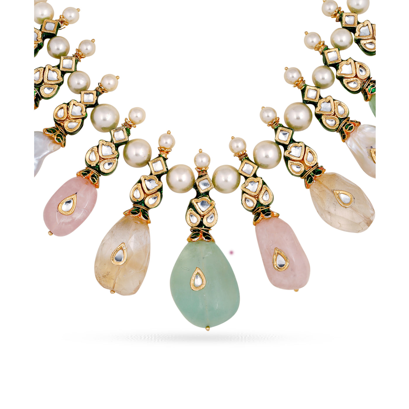 Gold plated silver mix base metal kundan necklace and earrings set with real pearls and Fluorite, Rose Quartz and Baroque pearls . The set has hand-painted meenakari work at the back of the set.