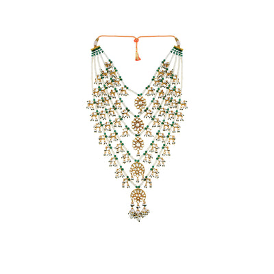 Gold plated kundan 5 lada raani haar with delicate faux pearl and little green bead detailing.
