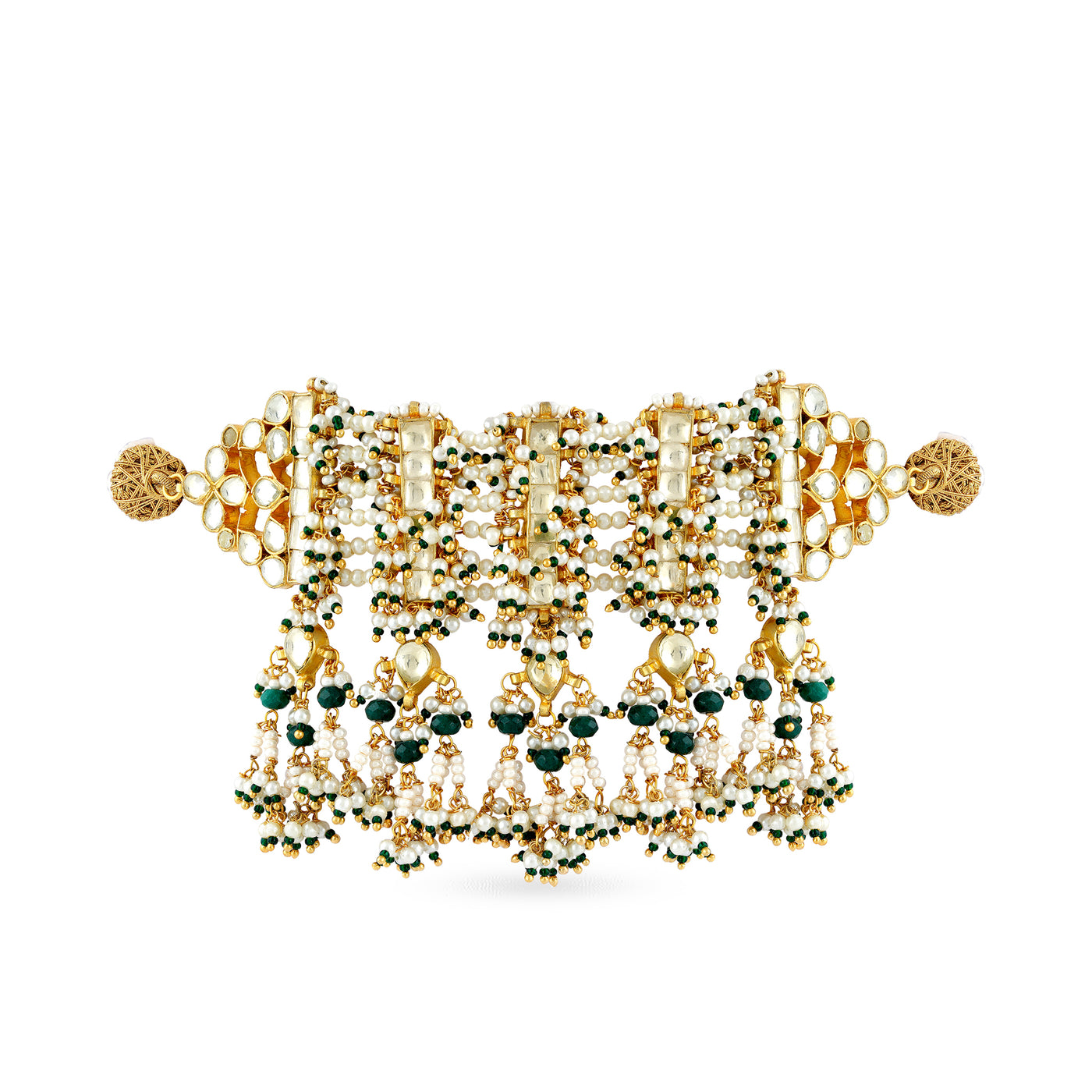 Gold plated kundan choker with delicate faux pearl and little green bead detailing.