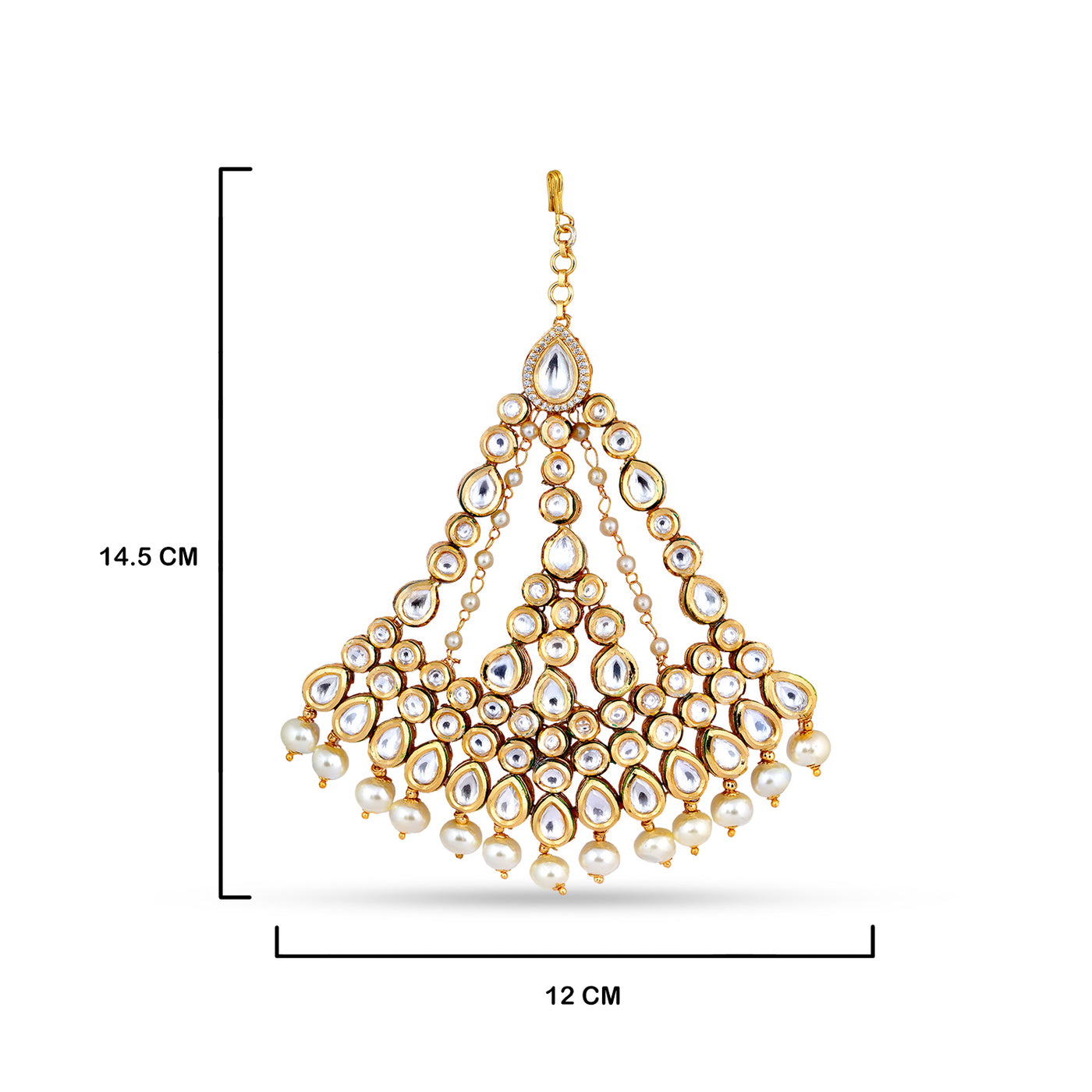 Polki Studded Pearl Passa with measurements in cm. 14.5cm by 12cm.