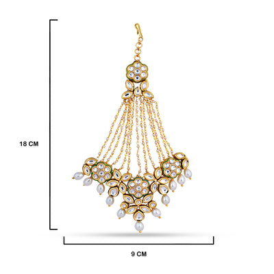 Pearl Seed Kundan Passa with measurements in cm. 18cm by 9cm.