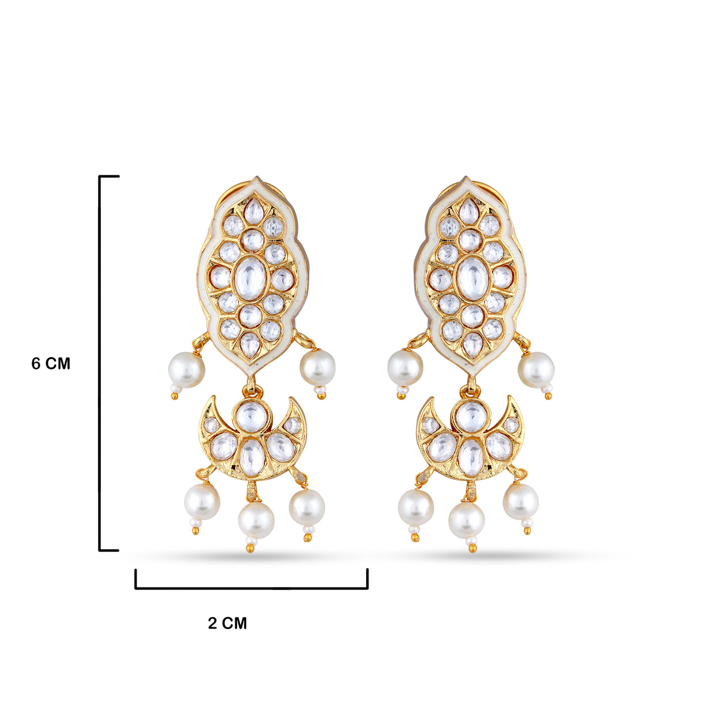  Kundan Pearl Earrings with measurements in cm. 6cm by 2cm.
