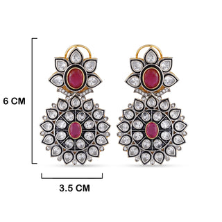 Black Ruby Stone Centred Kundan Earrings with measurements in cm. 6cm, by 3.5cm.