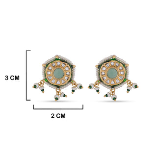 Fluorite and Pearl Kundan Earrings with measurements in cm. 3cm by 2cm.