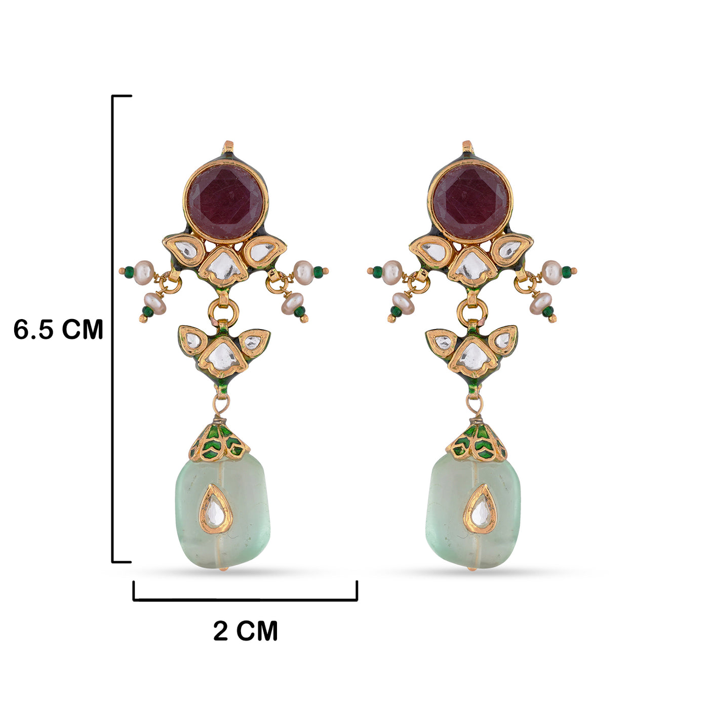 Multi Coloured Kundan Earrings with measurements in cm. 6.5cm by 2cm.