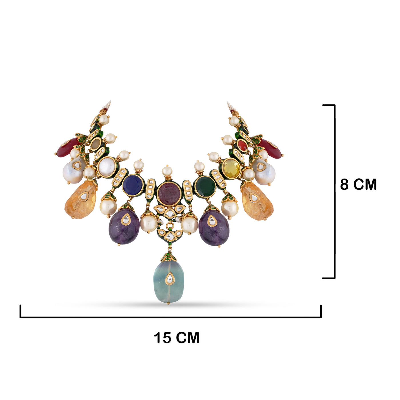 Multi Coloured Kundan Necklace with measurements in cm. 8cm by 15cm.