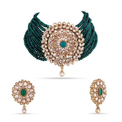 Green Bead Kundan Pendant Necklace Set