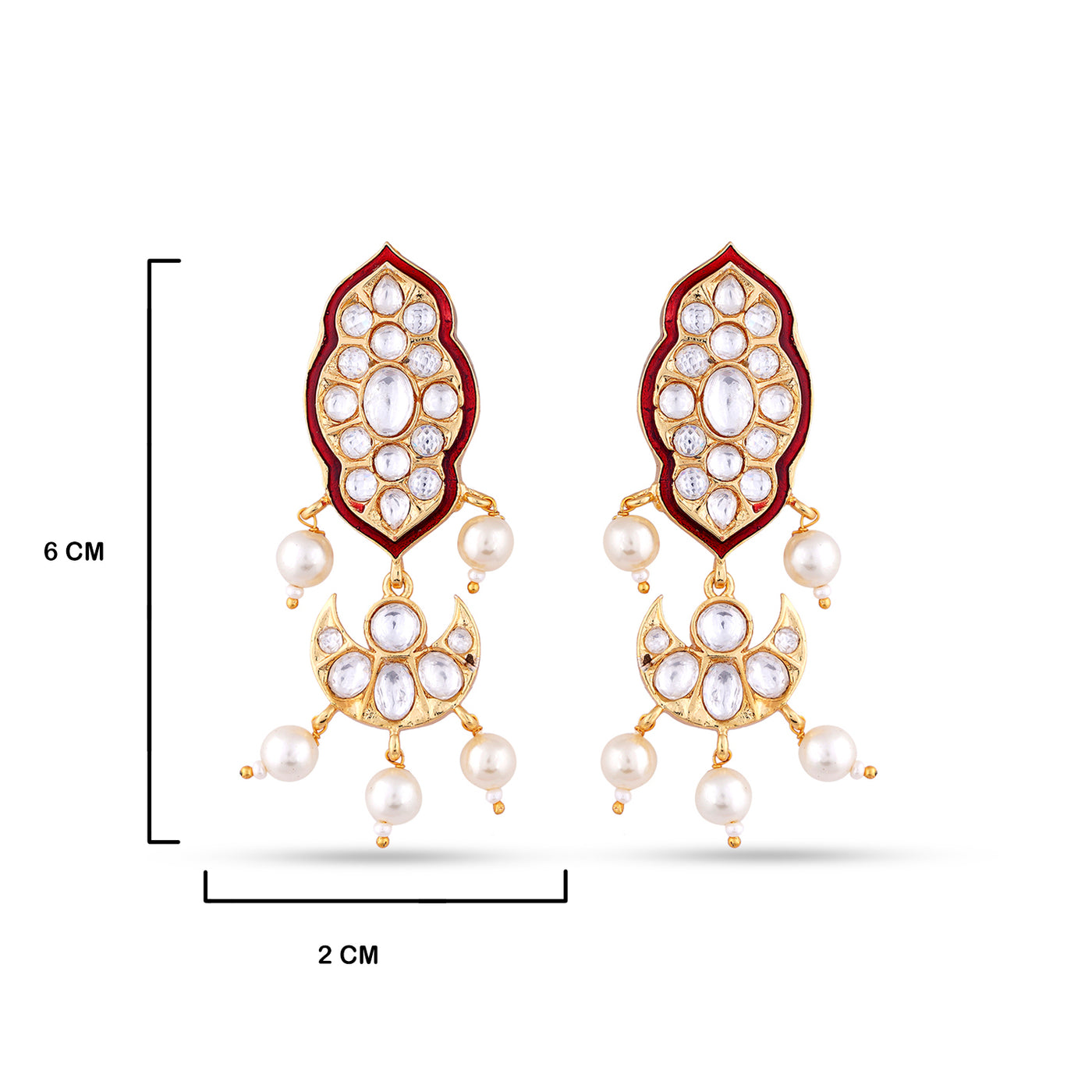 Red Pearled Kundan Earrings with measurements in cm. 6cm by 2cm.