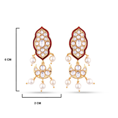 Red Pearled Kundan Earrings with measurements in cm. 6cm by 2cm.