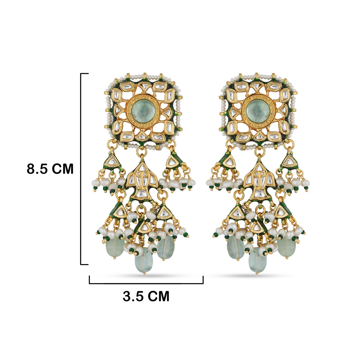 Rose and Green Kundan Earrings with Measurements