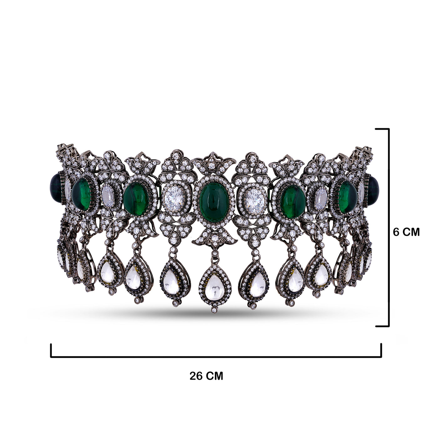 Green and White Stone CZ Choker with measurements in cm. 26cm by 6cm.