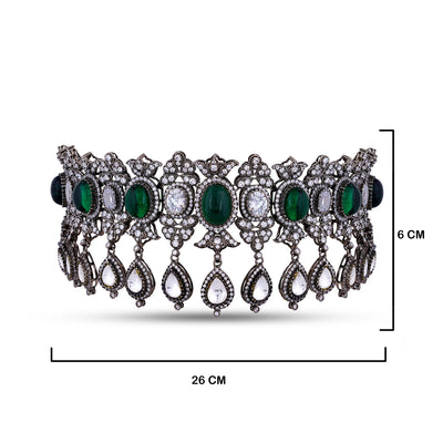 Green and White Stone CZ Choker with measurements in cm. 26cm by 6cm.