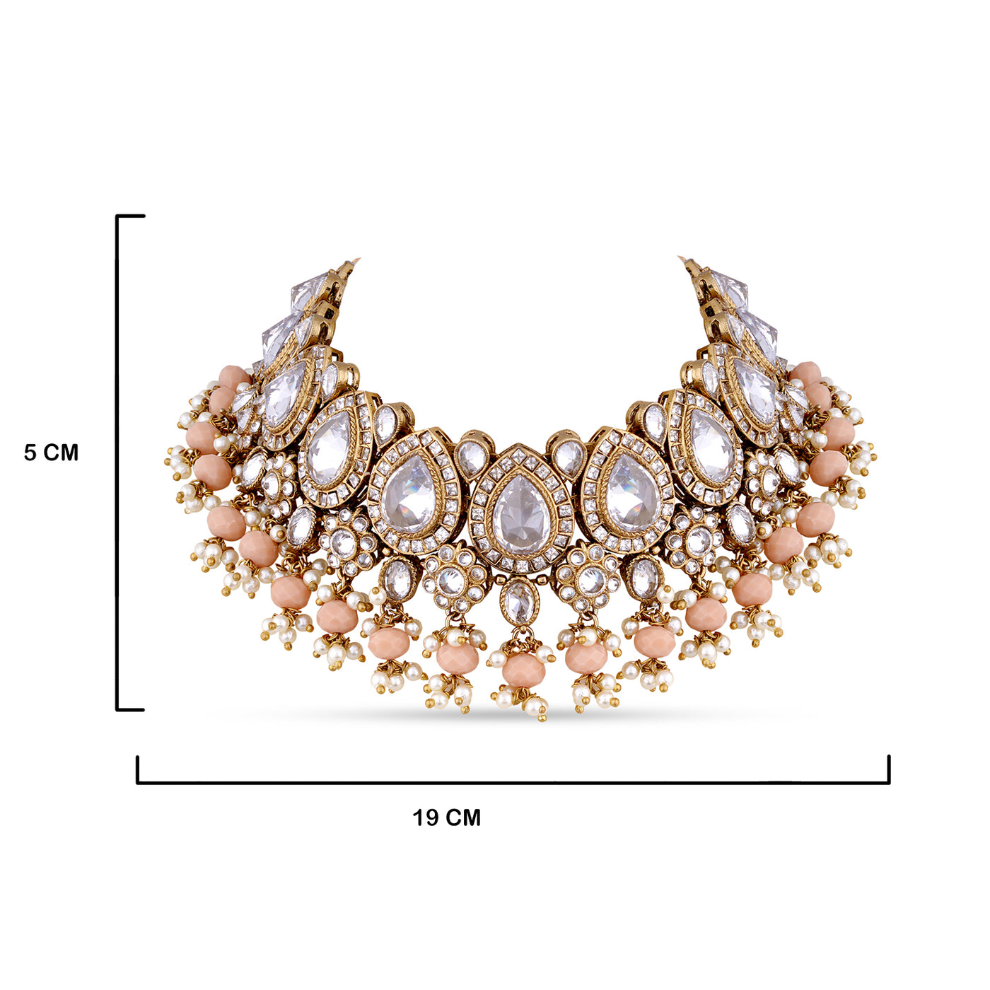 Pink Pearl Kundan Choker with measurements in cm. 5cm by 19cm.