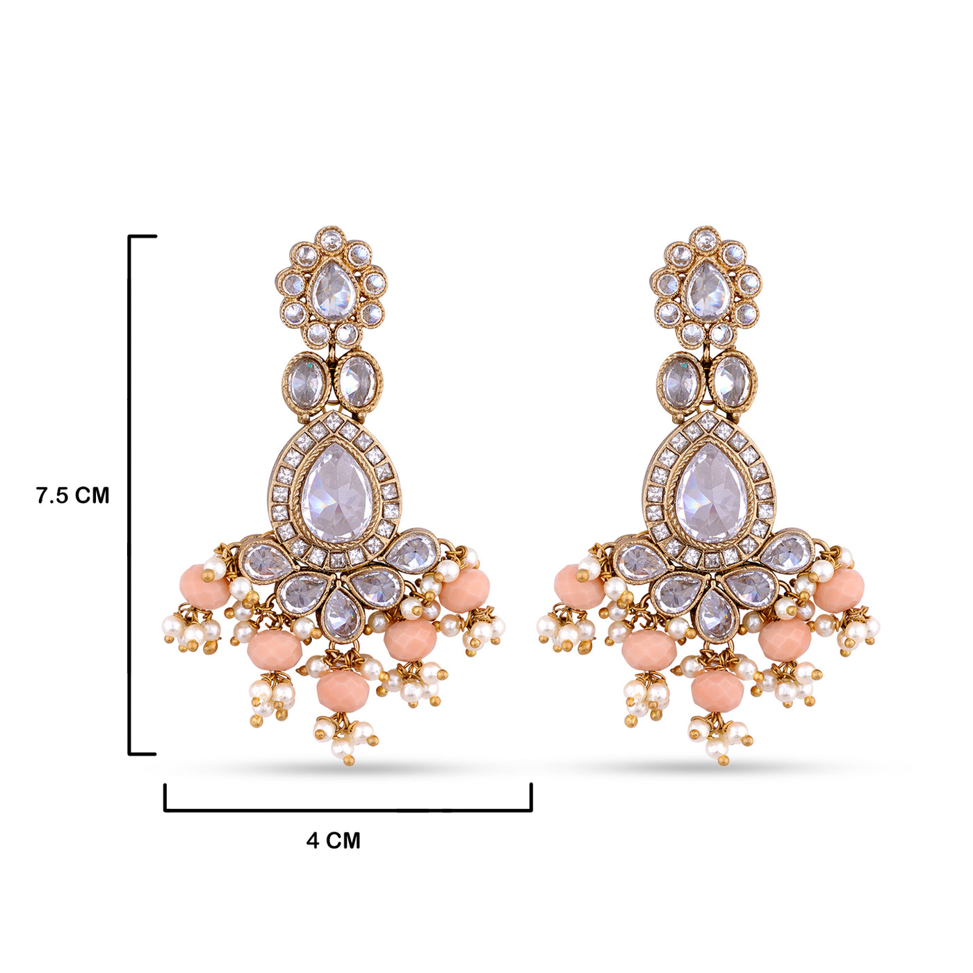 Pink Pearl Kundan Earrings with measurements in cm. 7.5cm by 4cm.