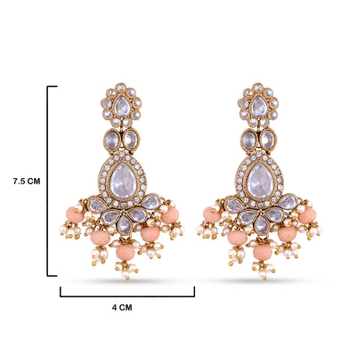 Pink Pearl Kundan Earrings with measurements in cm. 7.5cm by 4cm.
