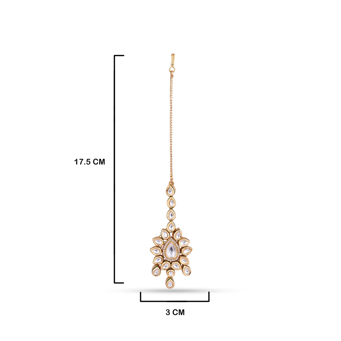 Classic Kundan Studded Maang Tikka with measurements in cm. 17.5cm by 3cm.