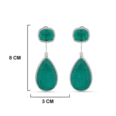 CZ Aqua Green Stone Dangle Earrings with measurements in cm. 8cm by 3cm.