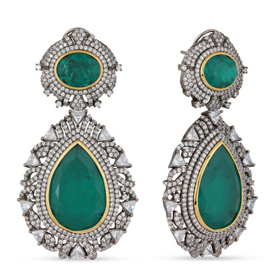 Emerald Green Stone Black CZ Dangle Earrings