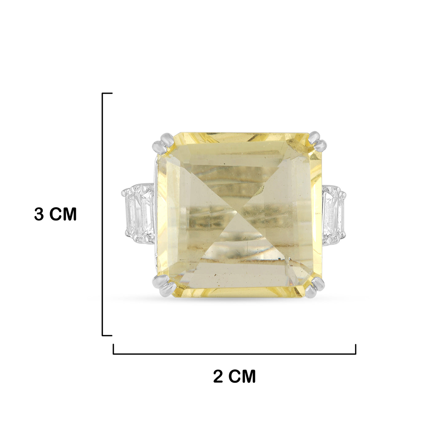 Yellow Stone CZ Ring with measurements in cm. 3cm by 2cm.