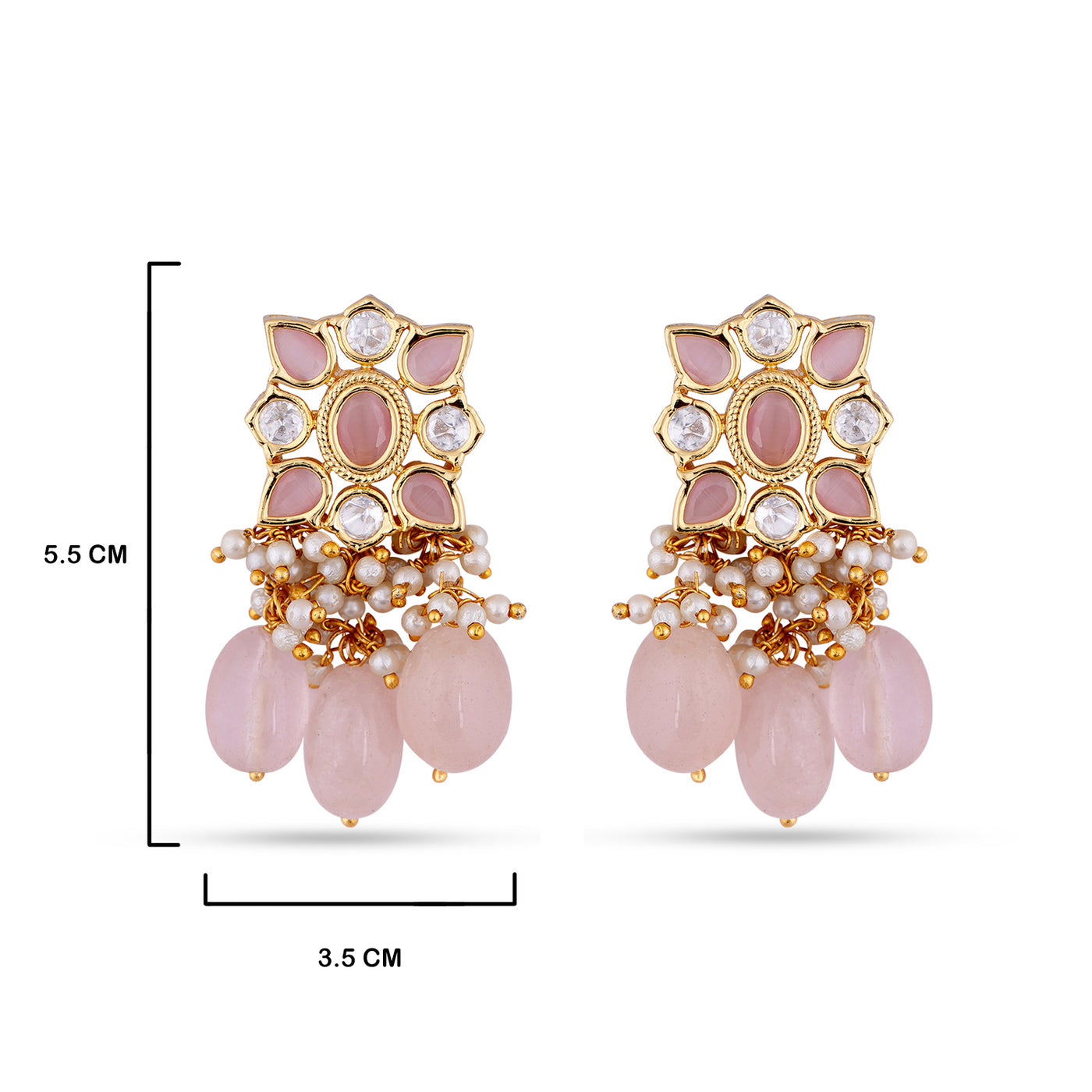 Pink Stone Earrings with measurements in cm. 5.5cm and 3.5cm.
