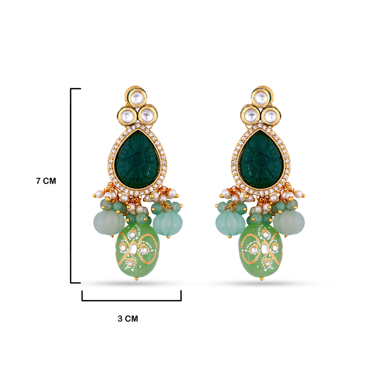 Multi Green Kundan Earrings with measurements in cm. 7cm by 3cm.