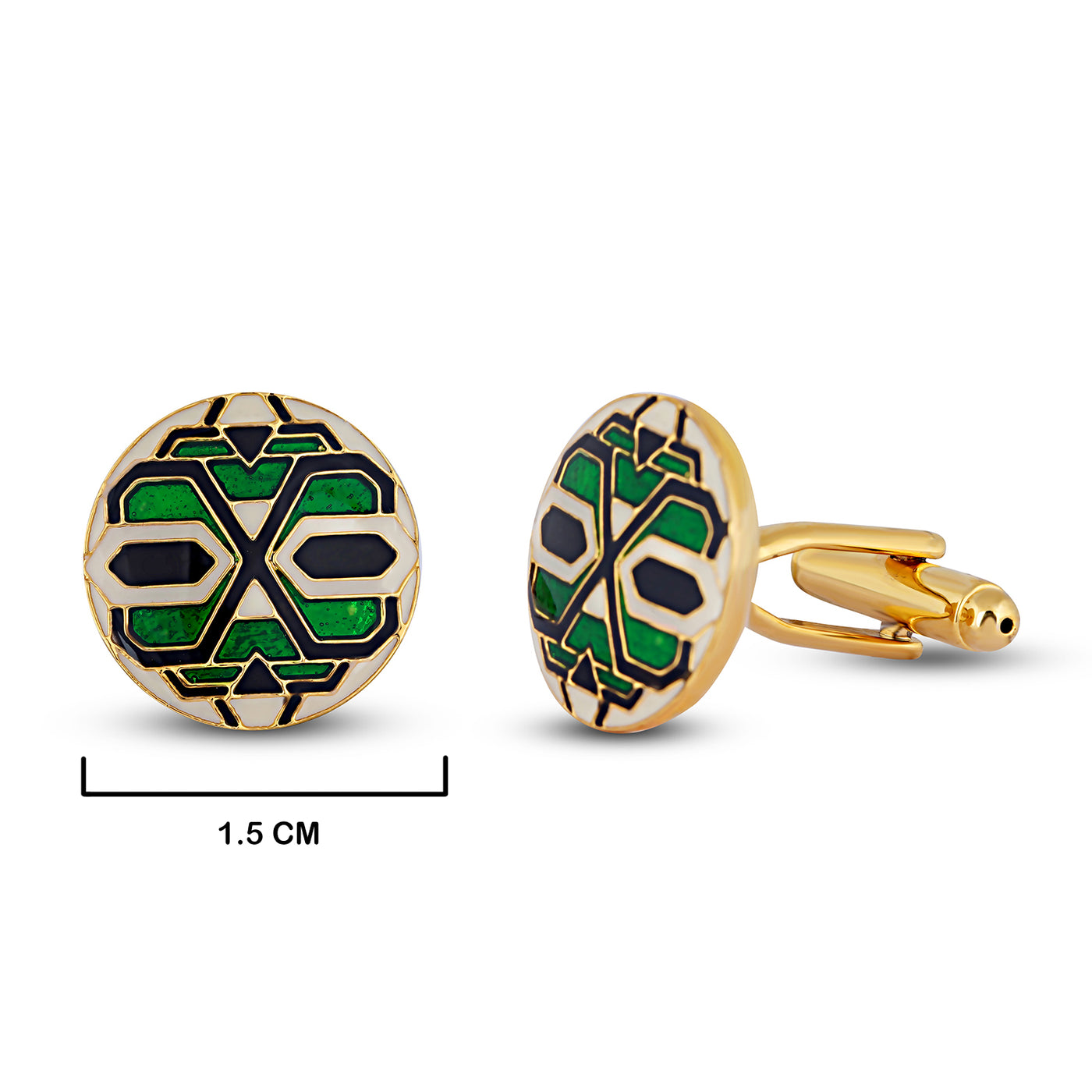 Green and Black Kundan Cufflinks with measurements in cm. 1.5cm.