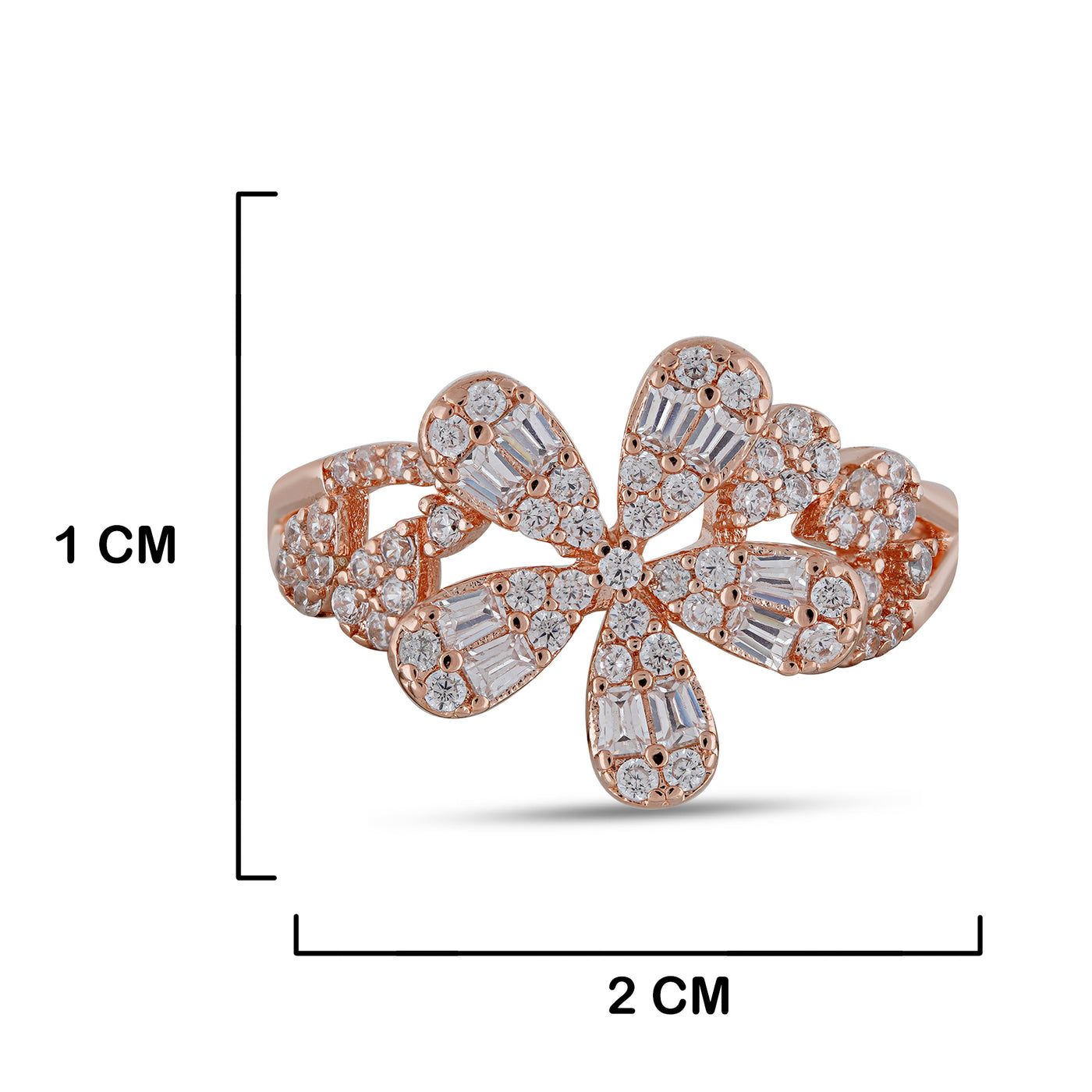 Rose Gold CZ Flower Ring with measurements in cm.